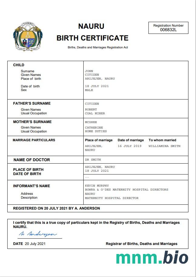 Nauru rekord życiowy narodziny certyfikat Word i PDF szablon